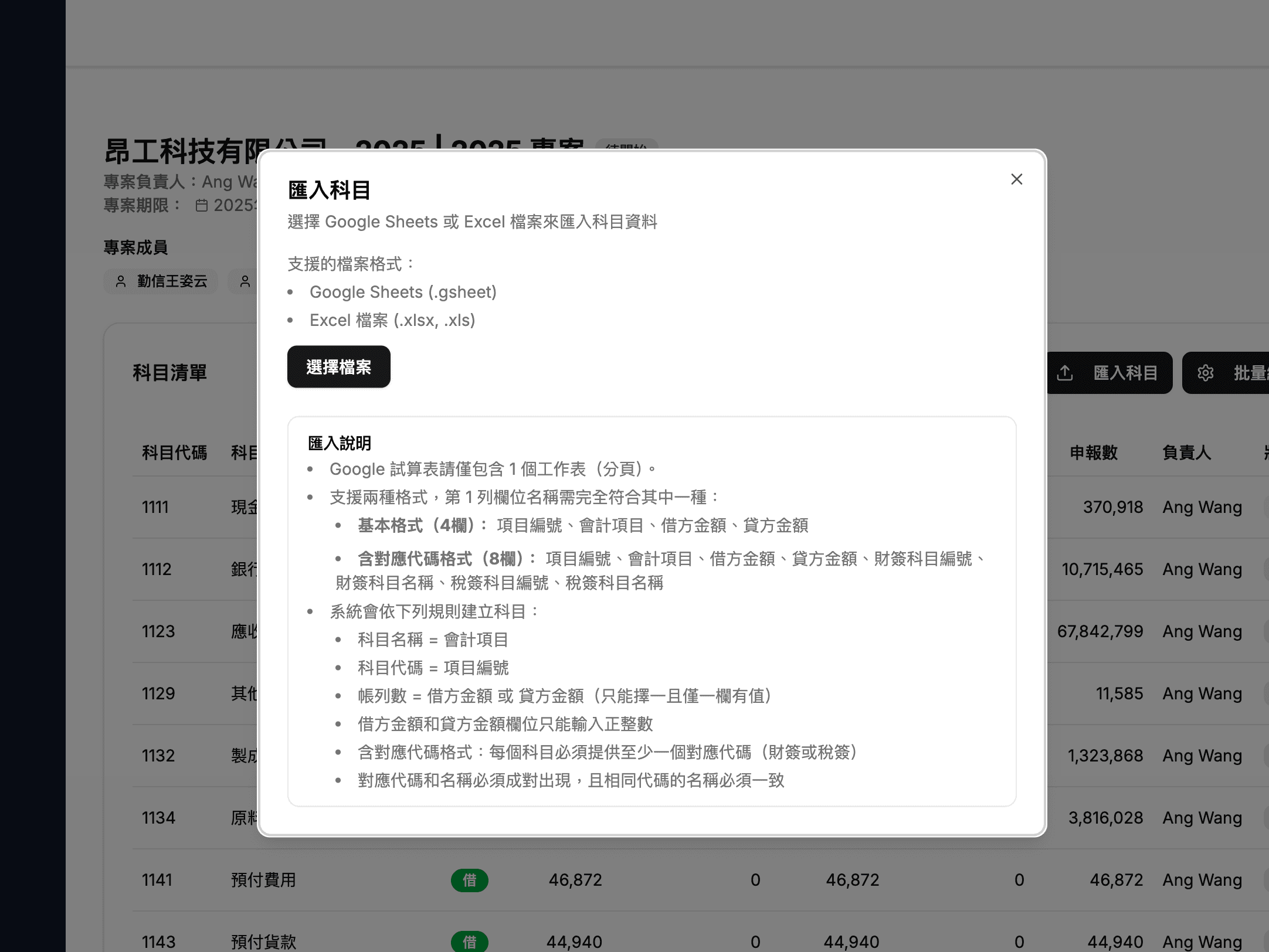 匯入會計科目 - 從 Google 試算表一鍵匯入,自動驗證格式